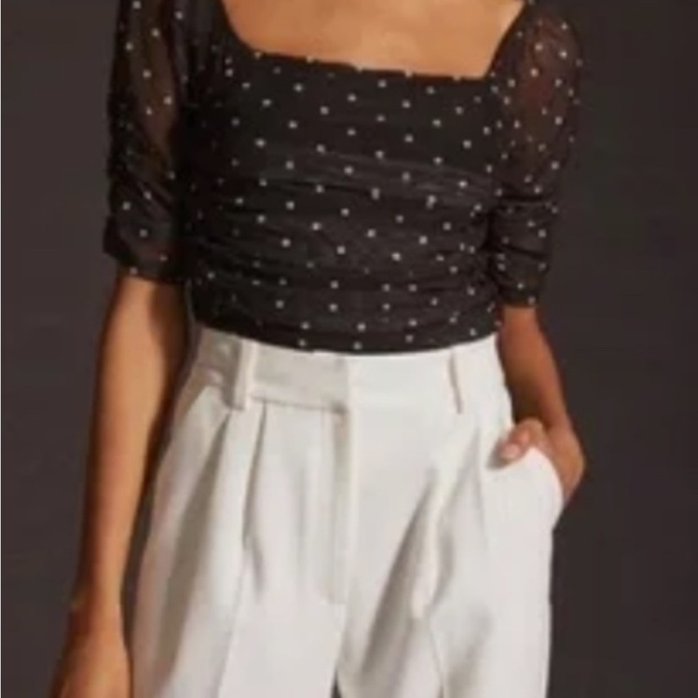 Anthropologie Black Ruched Fitted Blouse